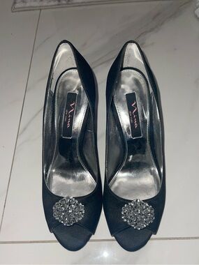 ANNA New York Black Satin Peep-Toe Pumps with Crystal Brooch